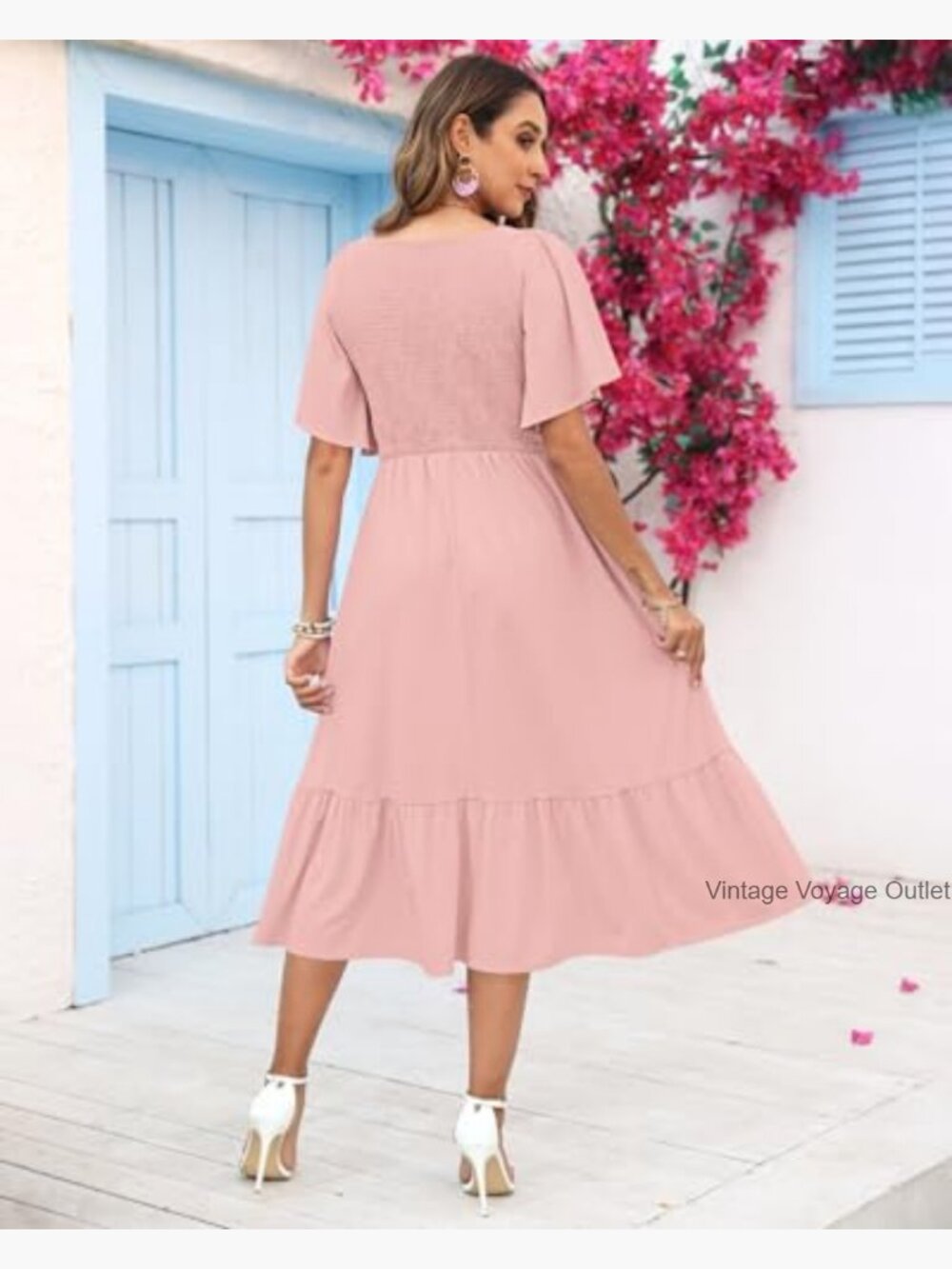 Smocked Empire Waist Midi Dress with Flutter Sleeves - Lightweight & Flowy - Picture 3 of 7